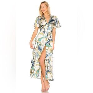 Petersyn Tayla Tropical Satin Belted Midi Dress Size Medium